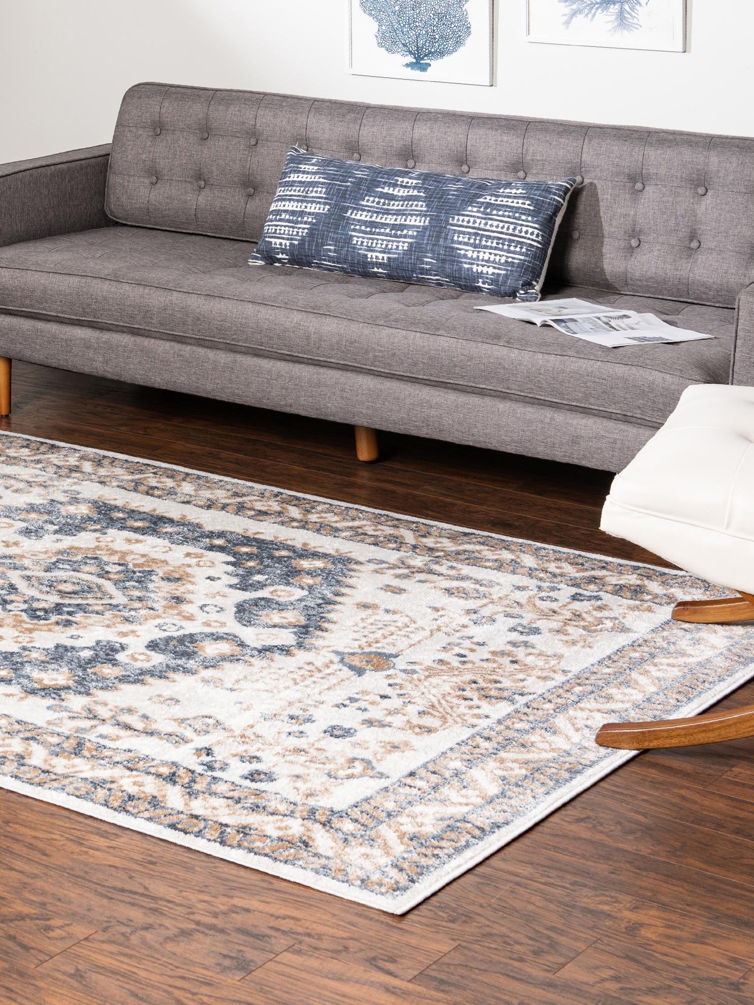 Cream 5' 3 x 8' Oxford Rectangle Area Rug Traditional Design 100% Polypropylene Carpet for Living Room, Bedrooms, Dining, Office for Sale at Rug Engine