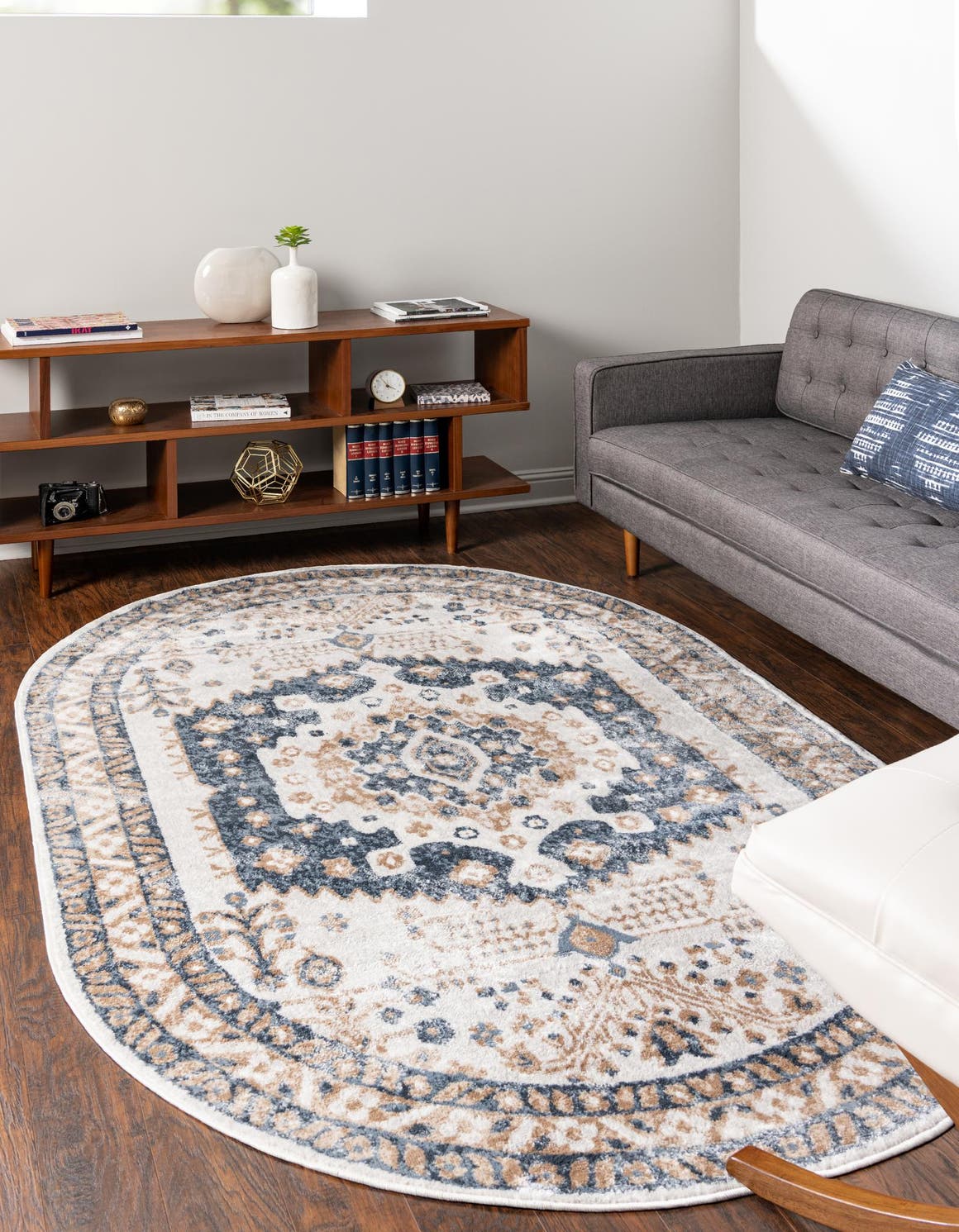Cream 5' 1 x 8' Oxford Oval Area Rug Traditional Design 100% Polypropylene Carpet for Living Room, Bedrooms, Dining, Office for Sale at Rug Engine
