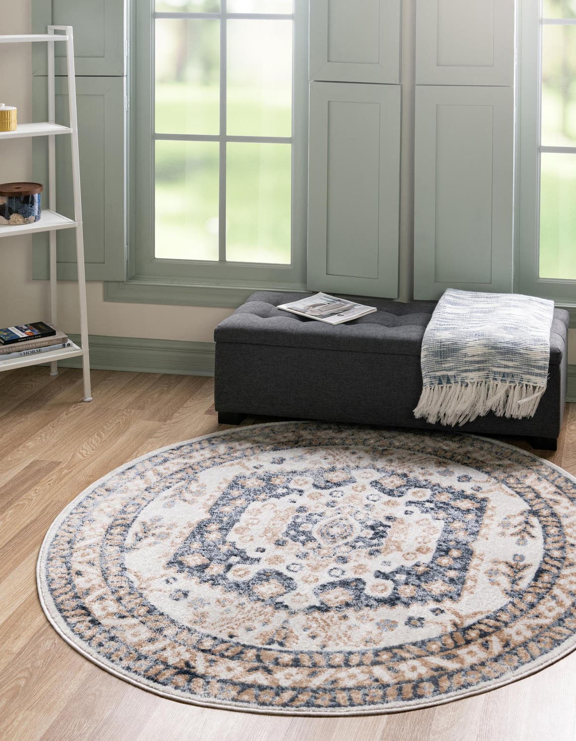 Cream 5' x 5' Oxford Round Area Rug Traditional Design 100% Polypropylene Carpet for Living Room, Bedrooms, Dining, Office for Sale at Rug Engine