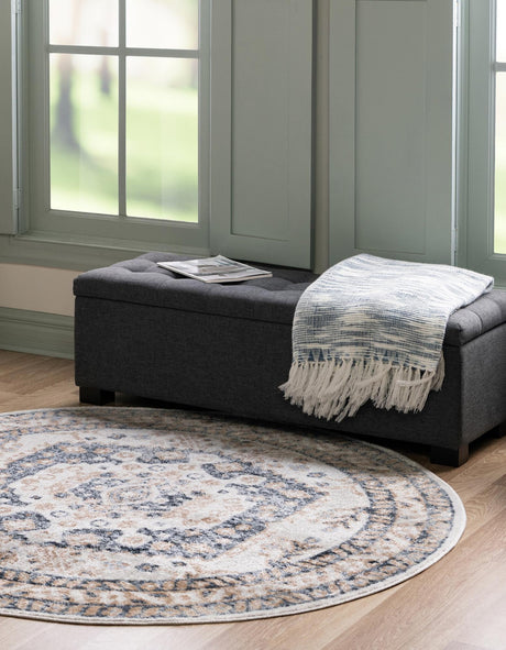 Cream 5' x 5' Oxford Round Area Rug Traditional Design 100% Polypropylene Carpet for Living Room, Bedrooms, Dining, Office for Sale at Rug Engine