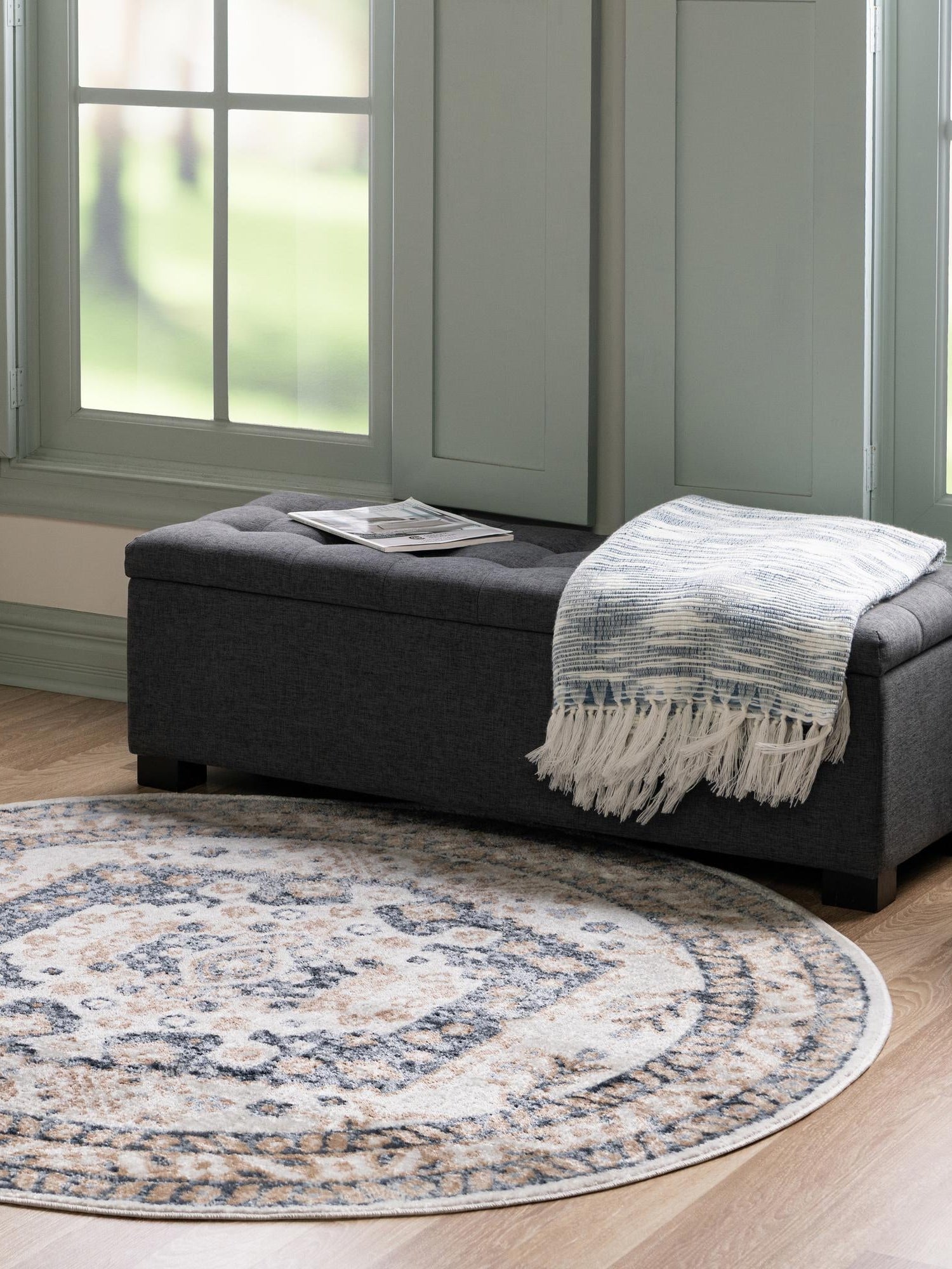 Cream 3' x 3' Oxford Round Area Rug Traditional Design 100% Polypropylene Carpet for Living Room, Bedrooms, Dining, Office for Sale at Rug Engine