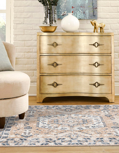 Beige 4' 1 x 4' 1 Oxford Square Area Rug Traditional Design 100% Polypropylene Carpet for Living Room, Bedrooms, Dining, Office for Sale at Rug Engine