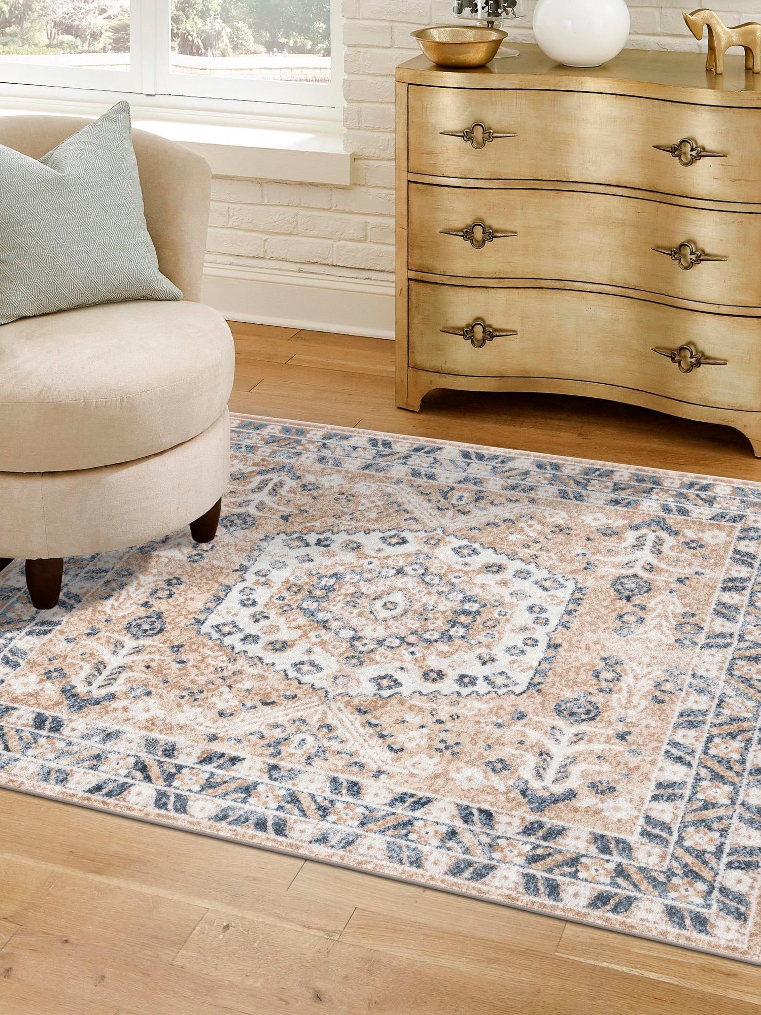 Beige 7' 10 x 7' 10 Oxford Square Area Rug Traditional Design 100% Polypropylene Carpet for Living Room, Bedrooms, Dining, Office for Sale at Rug Engine