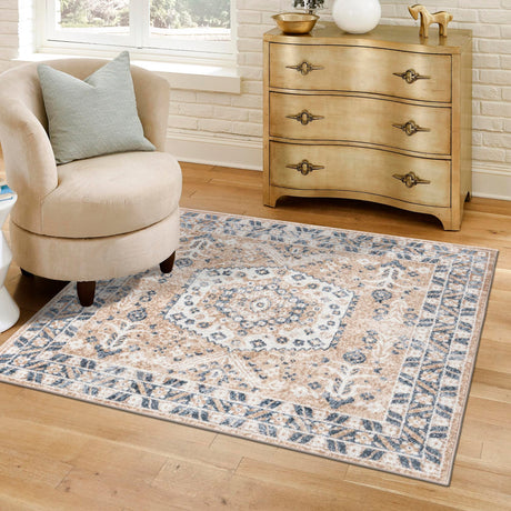 Beige 6' x 6' Oxford Square Area Rug Traditional Design 100% Polypropylene Carpet for Living Room, Bedrooms, Dining, Office for Sale at Rug Engine