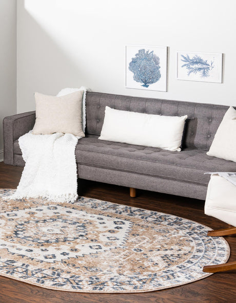 Beige 5' x 8' Oxford Oval Area Rug Traditional Design 100% Polypropylene Carpet for Living Room, Bedrooms, Dining, Office for Sale at Rug Engine