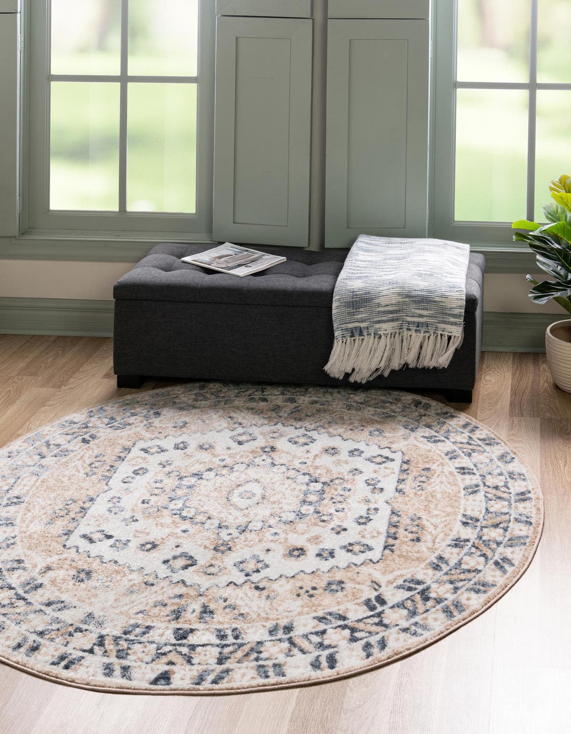 Beige 7' x 7' Oxford Round Area Rug Traditional Design 100% Polypropylene Carpet for Living Room, Bedrooms, Dining, Office for Sale at Rug Engine