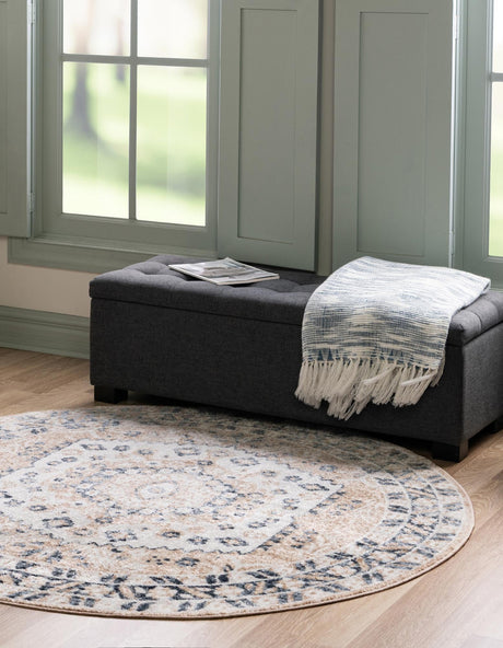 Beige 5' x 5' Oxford Round Area Rug Traditional Design 100% Polypropylene Carpet for Living Room, Bedrooms, Dining, Office for Sale at Rug Engine