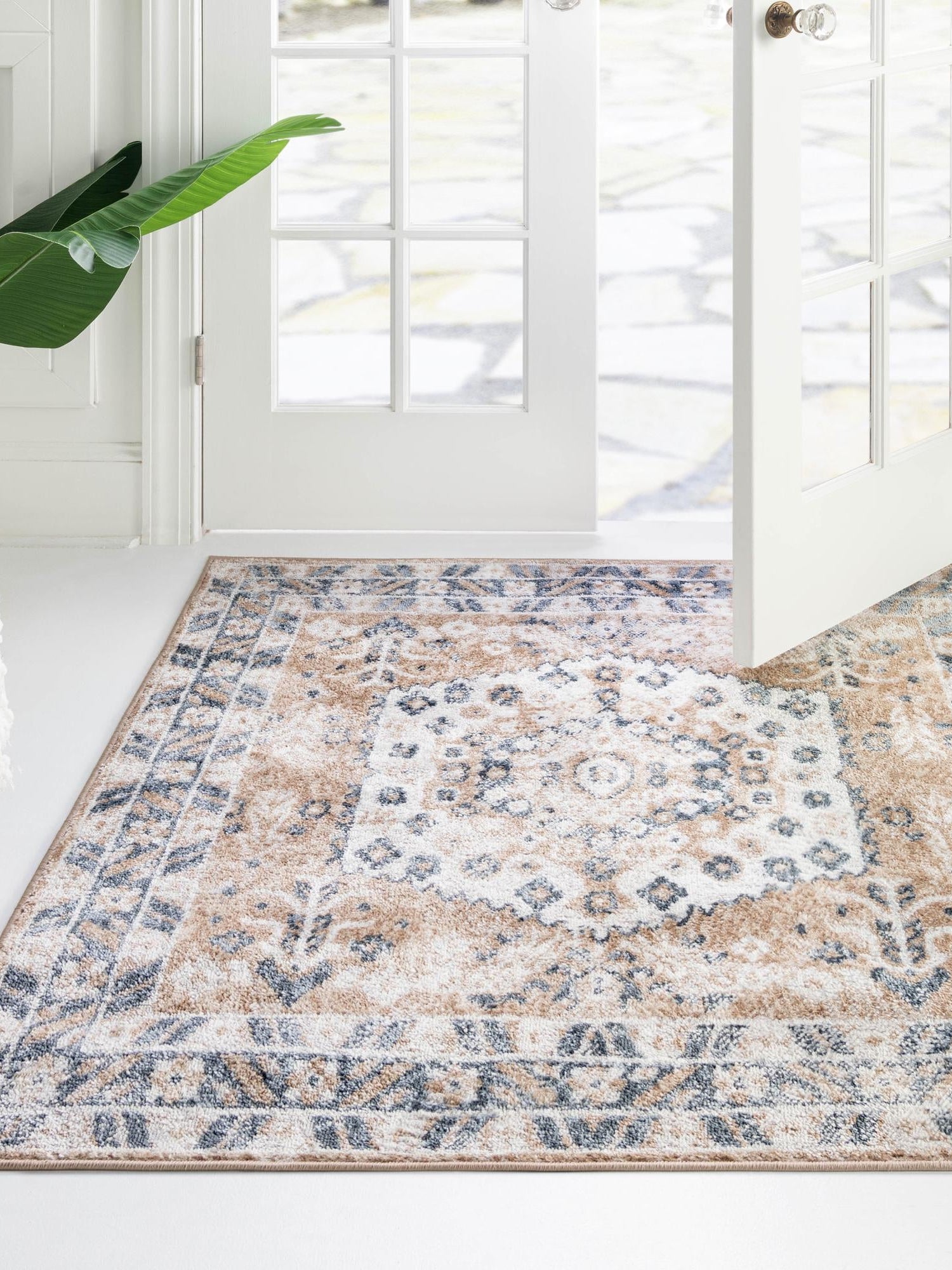 Beige 6' x 6' Oxford Square Area Rug Traditional Design 100% Polypropylene Carpet for Living Room, Bedrooms, Dining, Office for Sale at Rug Engine