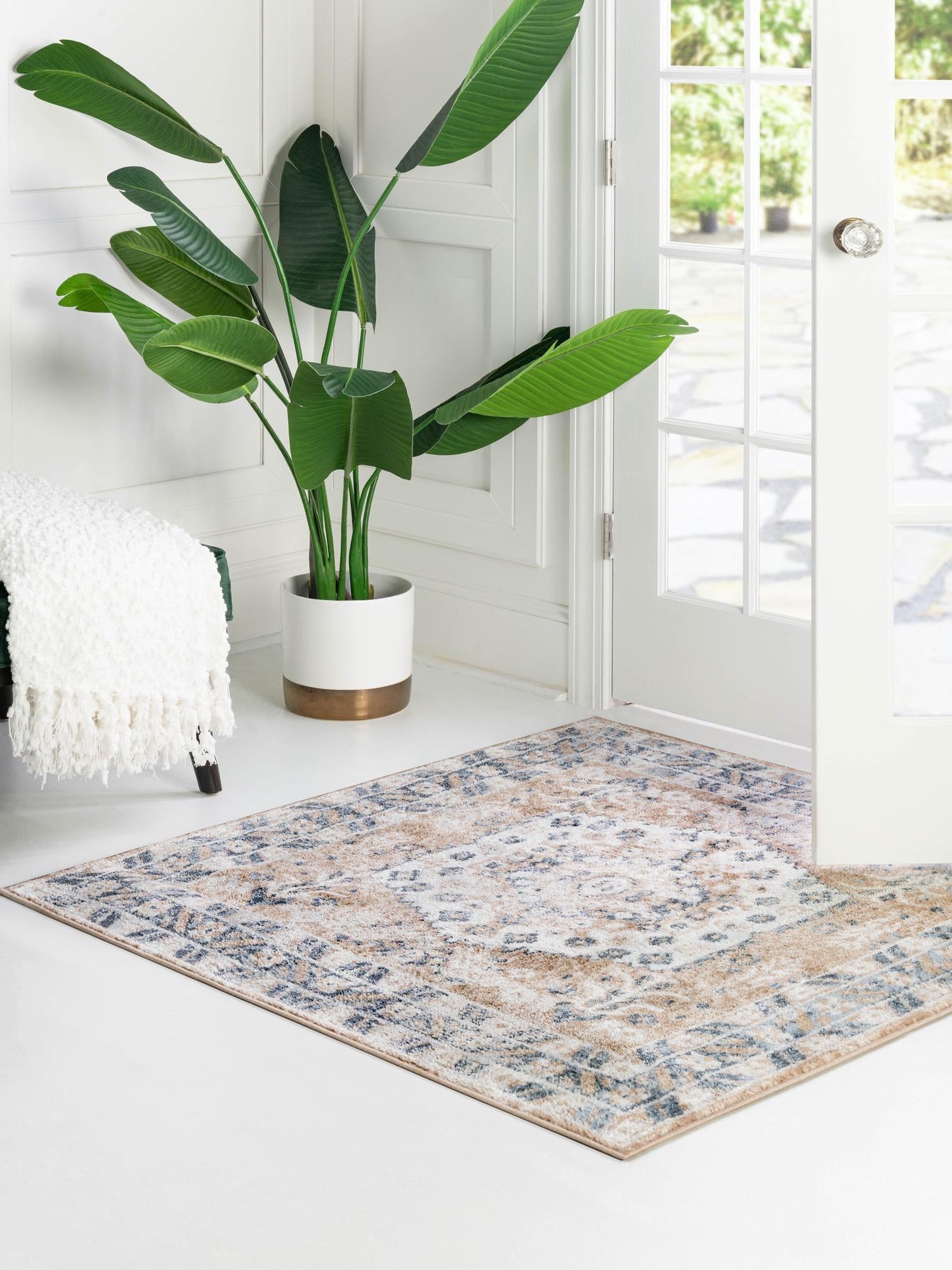 Beige 7' 10 x 7' 10 Oxford Square Area Rug Traditional Design 100% Polypropylene Carpet for Living Room, Bedrooms, Dining, Office for Sale at Rug Engine