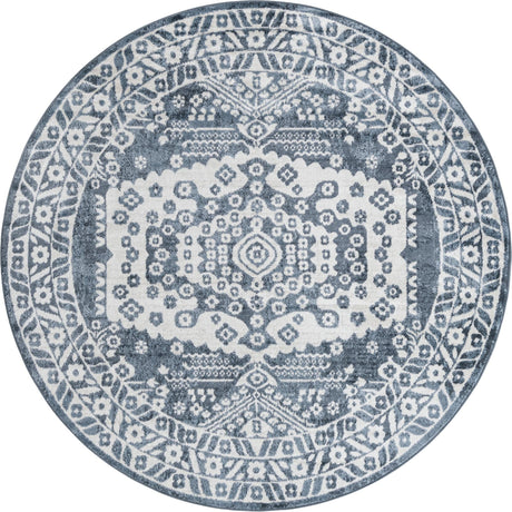 Blue 7' x 7' Oxford Round Area Rug Traditional Design 100% Polypropylene Carpet for Living Room, Bedrooms, Dining, Office for Sale at Rug Engine