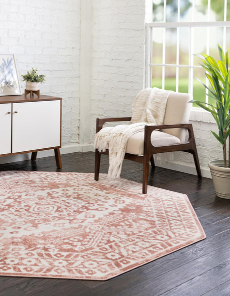 Pink 7' x 7' Oxford Octagon Area Rug Traditional Design 100% Polypropylene Carpet for Living Room, Bedrooms, Dining, Office for Sale at Rug Engine