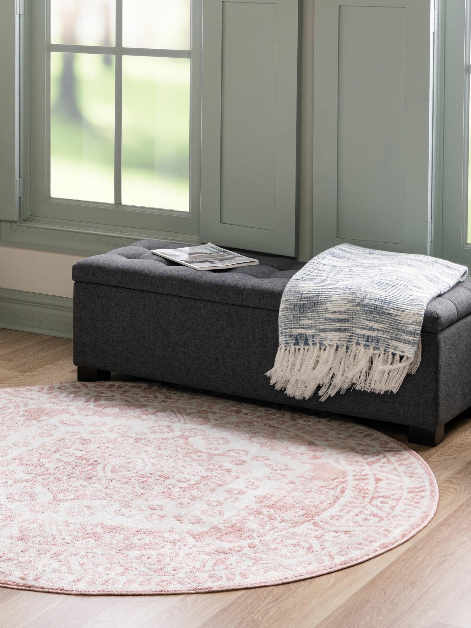 Pink 5' x 5' Oxford Round Area Rug Traditional Design 100% Polypropylene Carpet for Living Room, Bedrooms, Dining, Office for Sale at Rug Engine
