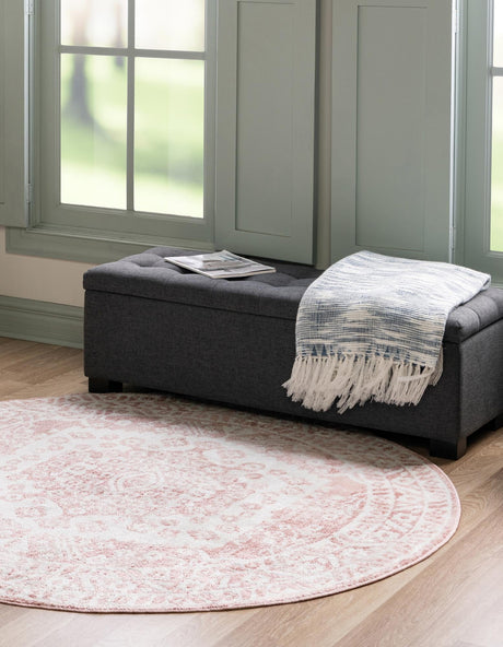 Pink 7' x 7' Oxford Round Area Rug Traditional Design 100% Polypropylene Carpet for Living Room, Bedrooms, Dining, Office for Sale at Rug Engine