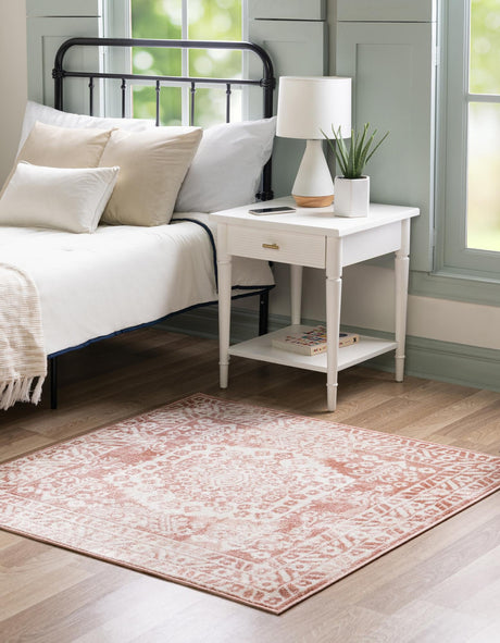 Pink 7' 10 x 7' 10 Oxford Square Area Rug Traditional Design 100% Polypropylene Carpet for Living Room, Bedrooms, Dining, Office for Sale at Rug Engine