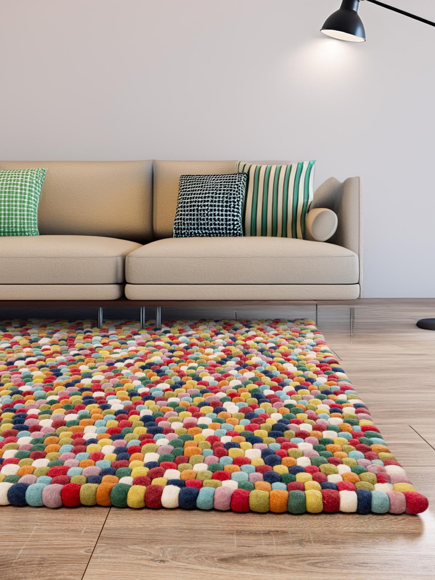 Multicolor 5' 1 x 8' Felt Ball Rectangle Area Rug Stunning All Natural 100% Wool Luxury Hand Woven Carpet for Modern Home Interiors Soft Touch Marshmallow Rug for Sale at Rug Engine