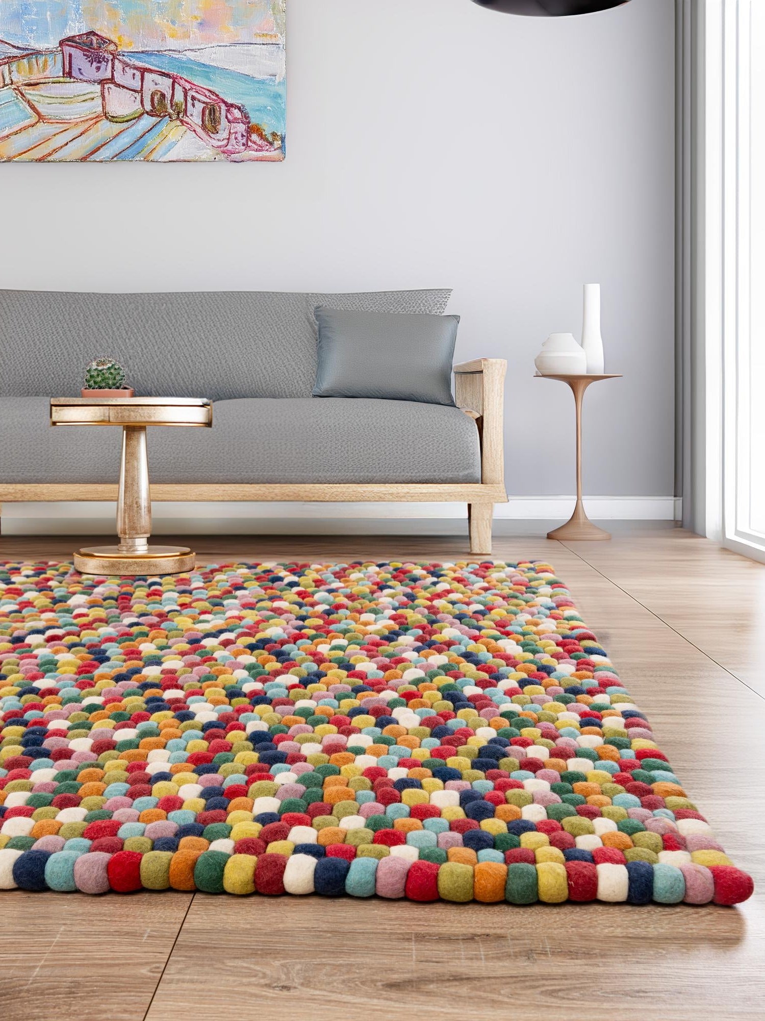 Multicolor 6' 1 x 9' Felt Ball Rectangle Area Rug Stunning All Natural 100% Wool Luxury Hand Woven Carpet for Modern Home Interiors Soft Touch Marshmallow Rug for Sale at Rug Engine