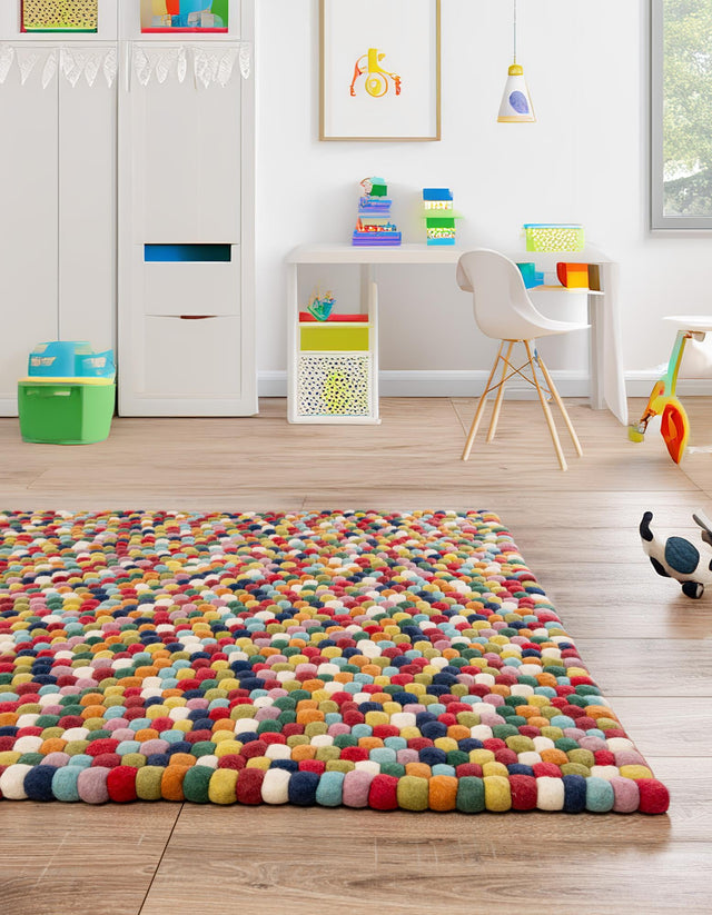 Multicolor 4' 1 x 6' 1 Felt Ball Rectangle Area Rug Stunning All Natural 100% Wool Luxury Hand Woven Carpet for Modern Home Interiors Soft Touch Marshmallow Rug for Sale at Rug Engine