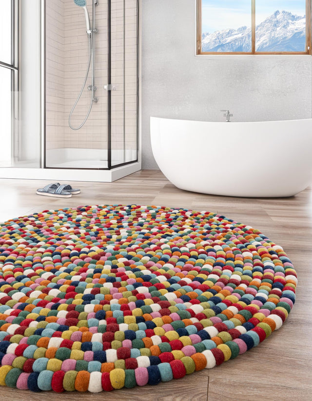 Multicolor 3' 3 x 3' 3 Felt Ball Round Area Rug Stunning All Natural 100% Wool Luxury Hand Woven Carpet for Modern Home Interiors Soft Touch Marshmallow Rug for Sale at Rug Engine