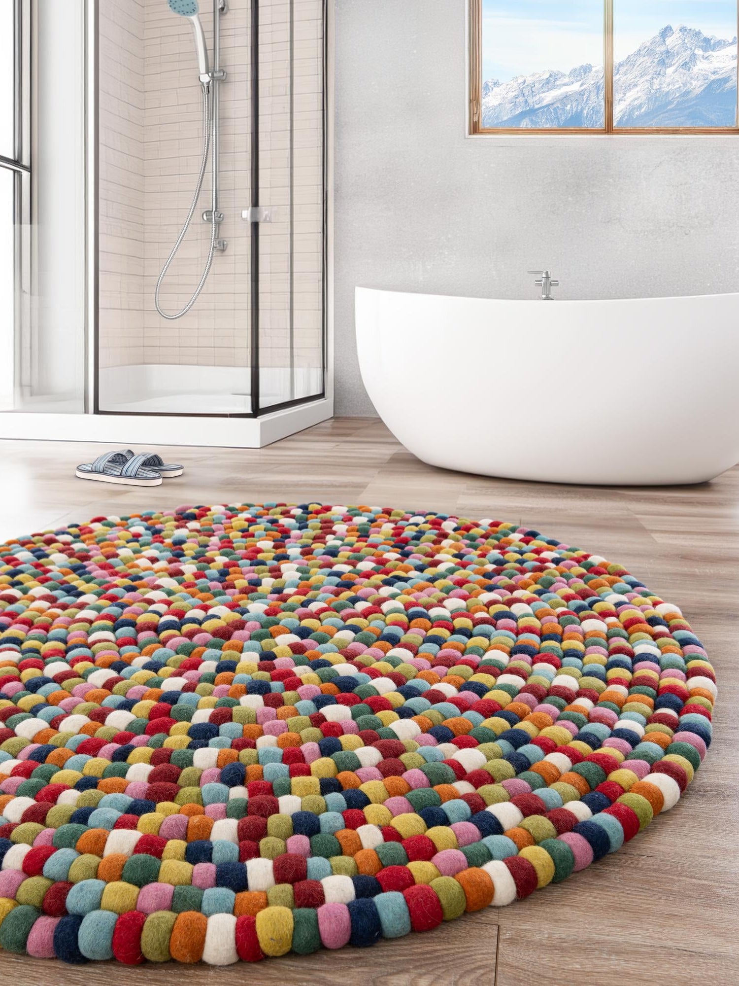 Multicolor 6' 1 x 6' 1 Felt Ball Round Area Rug Stunning All Natural 100% Wool Luxury Hand Woven Carpet for Modern Home Interiors Soft Touch Marshmallow Rug for Sale at Rug Engine