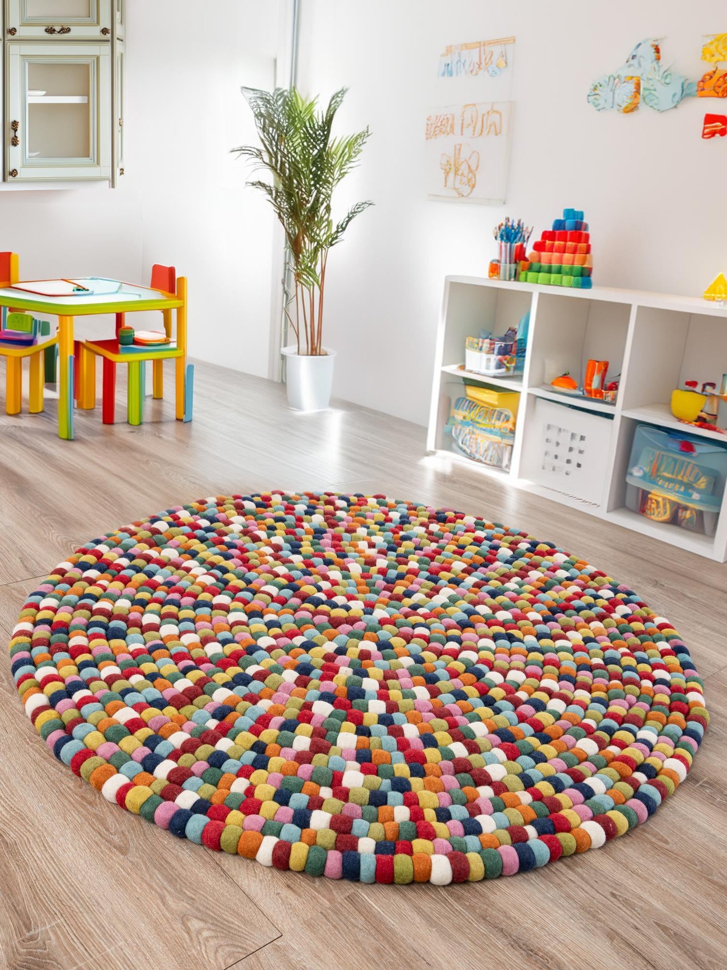 Multicolor 7' 10 x 7' 10 Felt Ball Round Area Rug Stunning All Natural 100% Wool Luxury Hand Woven Carpet for Modern Home Interiors Soft Touch Marshmallow Rug for Sale at Rug Engine