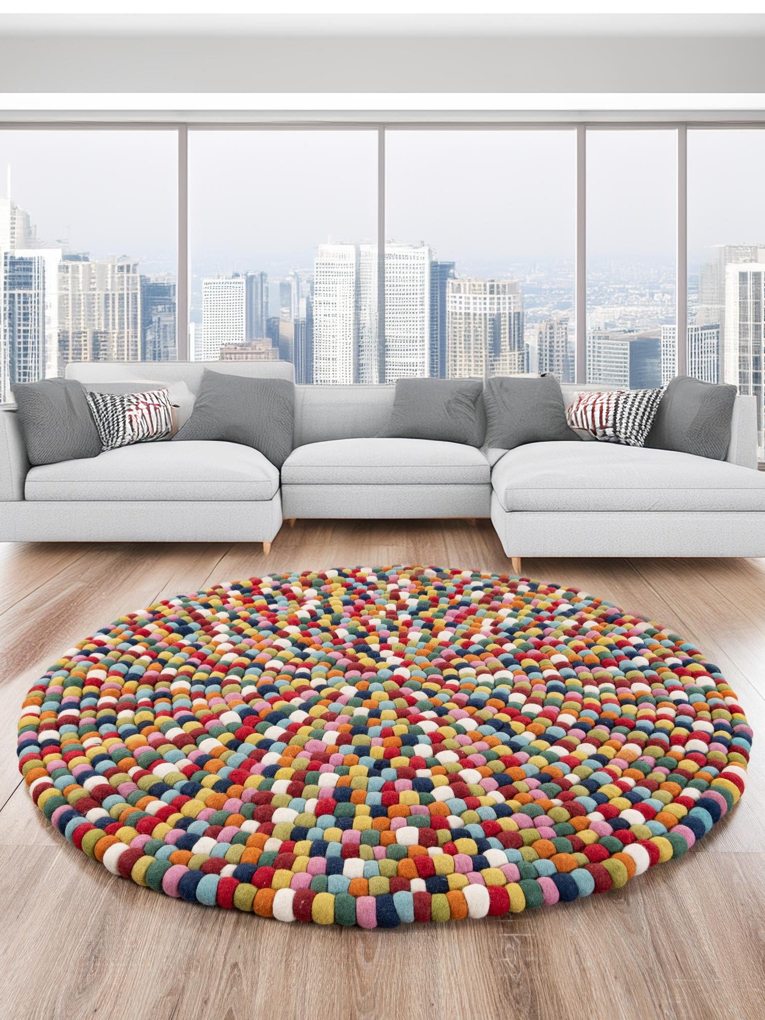 Multicolor 7' 10 x 7' 10 Felt Ball Round Area Rug Stunning All Natural 100% Wool Luxury Hand Woven Carpet for Modern Home Interiors Soft Touch Marshmallow Rug for Sale at Rug Engine