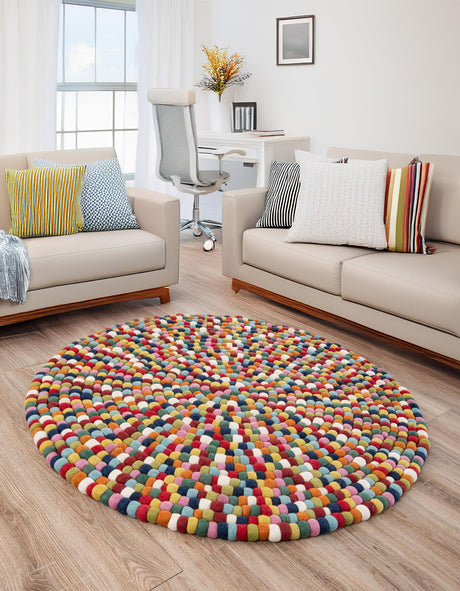 Multicolor 7' 10 x 7' 10 Felt Ball Round Area Rug Stunning All Natural 100% Wool Luxury Hand Woven Carpet for Modern Home Interiors Soft Touch Marshmallow Rug for Sale at Rug Engine