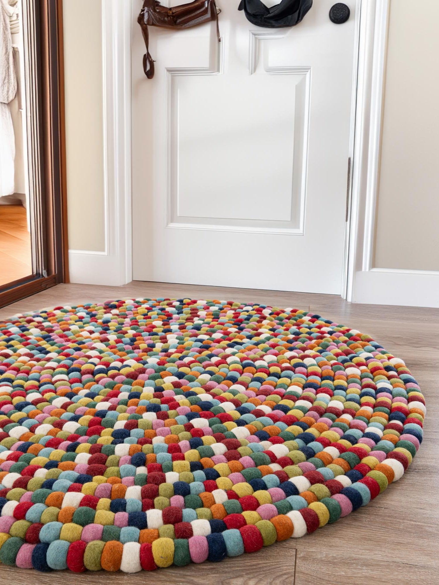 Multicolor 7' 10 x 7' 10 Felt Ball Round Area Rug Stunning All Natural 100% Wool Luxury Hand Woven Carpet for Modern Home Interiors Soft Touch Marshmallow Rug for Sale at Rug Engine