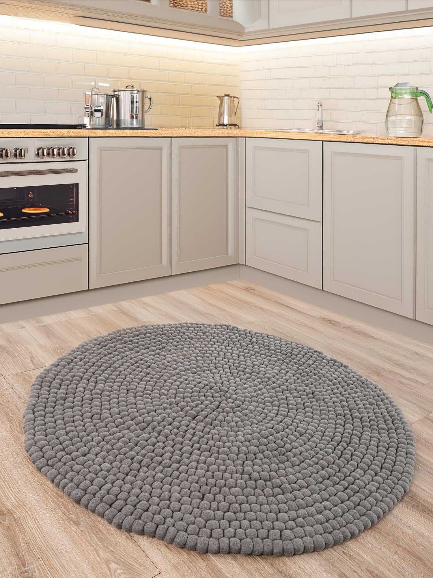 Gray 7' 10 x 7' 10 Felt Ball Round Area Rug Stunning All Natural 100% Wool Luxury Hand Woven Carpet for Modern Home Interiors Soft Touch Marshmallow Rug for Sale at Rug Engine