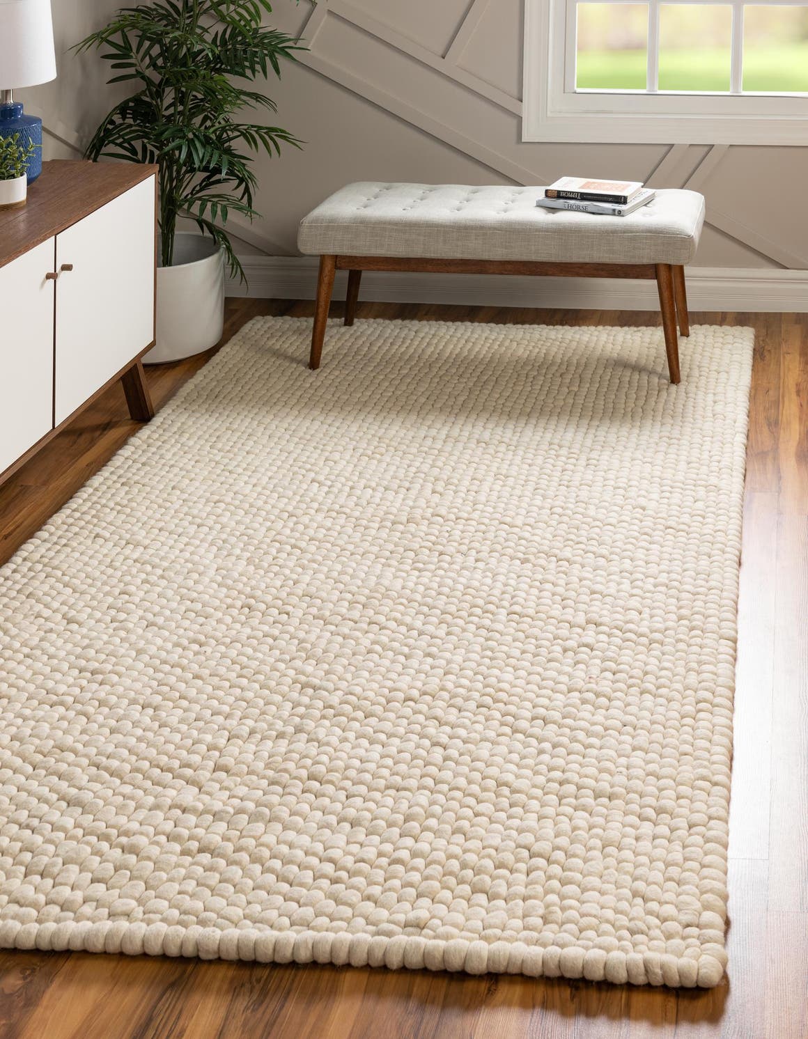 Ivory 10' x 13' 1 Felt Ball Rectangle Area Rug Stunning All Natural 100% Wool Luxury Hand Woven Carpet for Modern Home Interiors Soft Touch Marshmallow Rug for Sale at Rug Engine