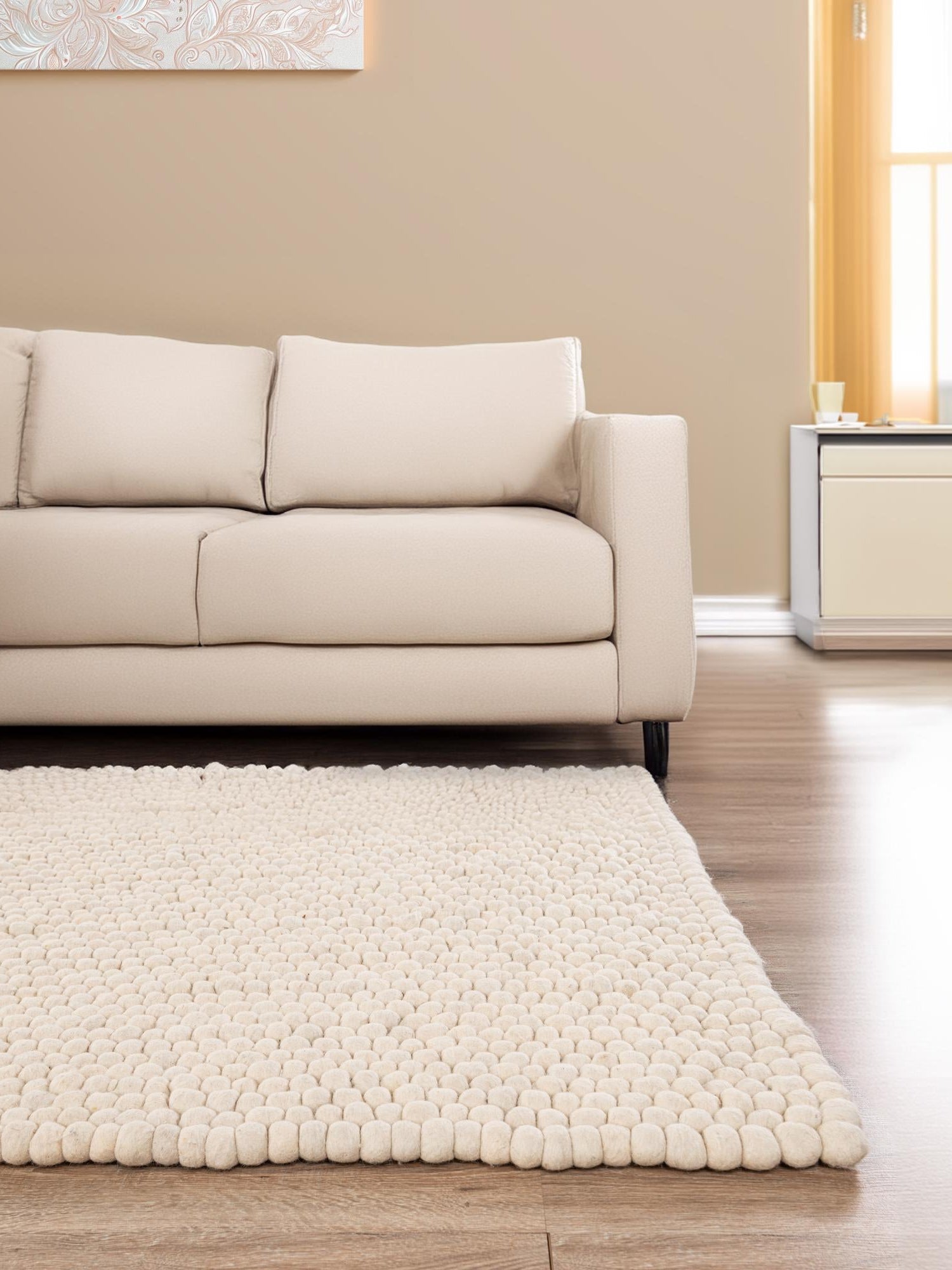 Ivory 5' 1 x 8' Felt Ball Rectangle Area Rug Stunning All Natural 100% Wool Luxury Hand Woven Carpet for Modern Home Interiors Soft Touch Marshmallow Rug for Sale at Rug Engine