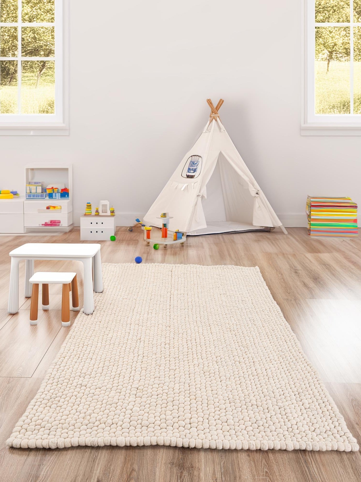 Ivory 5' 1 x 8' Felt Ball Rectangle Area Rug Stunning All Natural 100% Wool Luxury Hand Woven Carpet for Modern Home Interiors Soft Touch Marshmallow Rug for Sale at Rug Engine