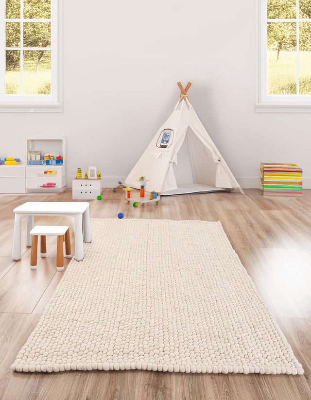 Ivory 2' x 3' 1 Felt Ball Rectangle Area Rug Stunning All Natural 100% Wool Luxury Hand Woven Carpet for Modern Home Interiors Soft Touch Marshmallow Rug for Sale at Rug Engine