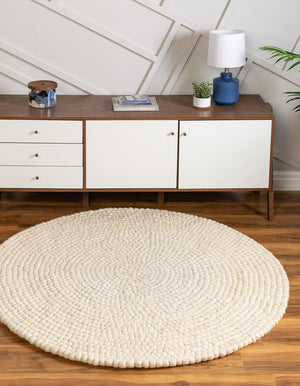 Ivory 6' 1 x 6' 1 Felt Ball Round Area Rug Stunning All Natural 100% Wool Luxury Hand Woven Carpet for Modern Home Interiors Soft Touch Marshmallow Rug for Sale at Rug Engine