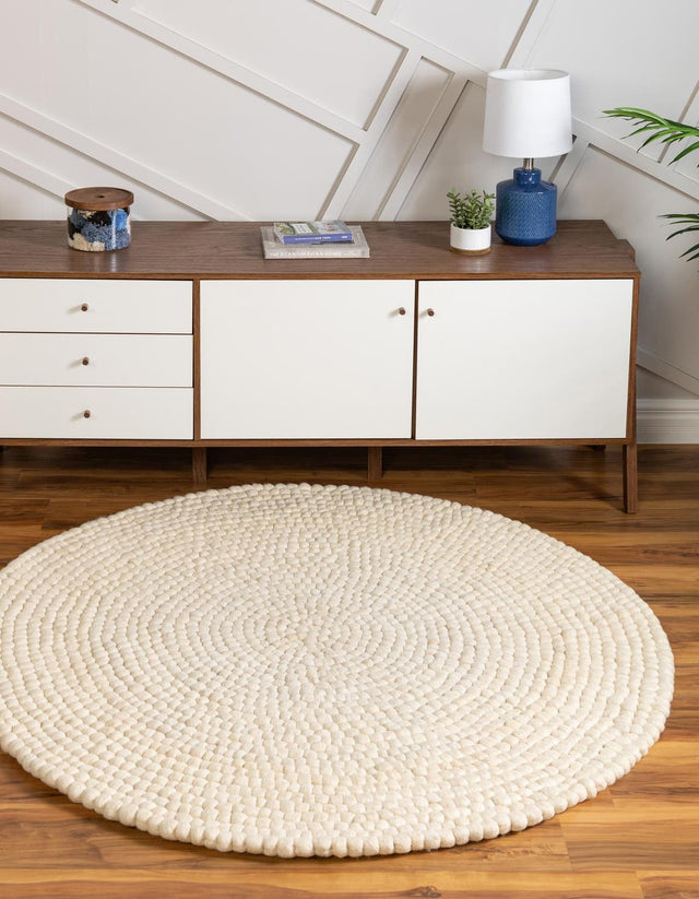 Ivory 6' 1 x 6' 1 Felt Ball Round Area Rug Stunning All Natural 100% Wool Luxury Hand Woven Carpet for Modern Home Interiors Soft Touch Marshmallow Rug for Sale at Rug Engine
