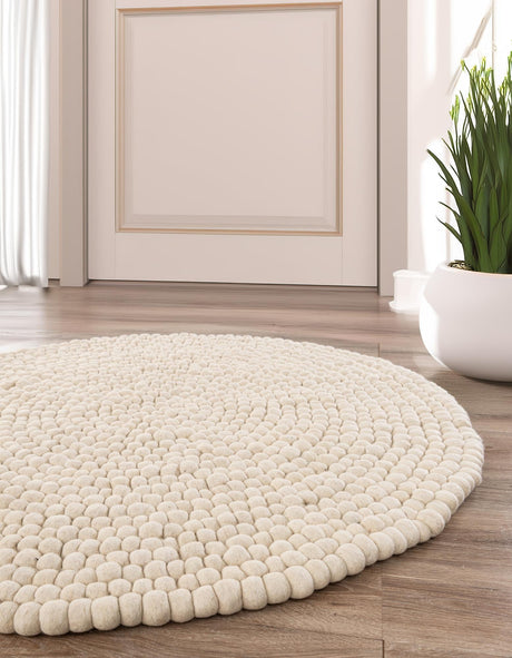 Ivory 10' x 10' Felt Ball Round Area Rug Stunning All Natural 100% Wool Luxury Hand Woven Carpet for Modern Home Interiors Soft Touch Marshmallow Rug for Sale at Rug Engine