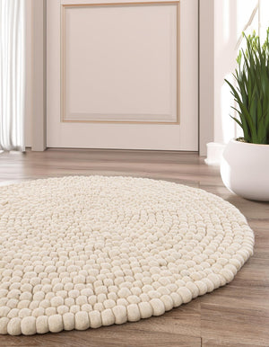 Ivory 6' 1 x 6' 1 Felt Ball Round Area Rug Stunning All Natural 100% Wool Luxury Hand Woven Carpet for Modern Home Interiors Soft Touch Marshmallow Rug for Sale at Rug Engine