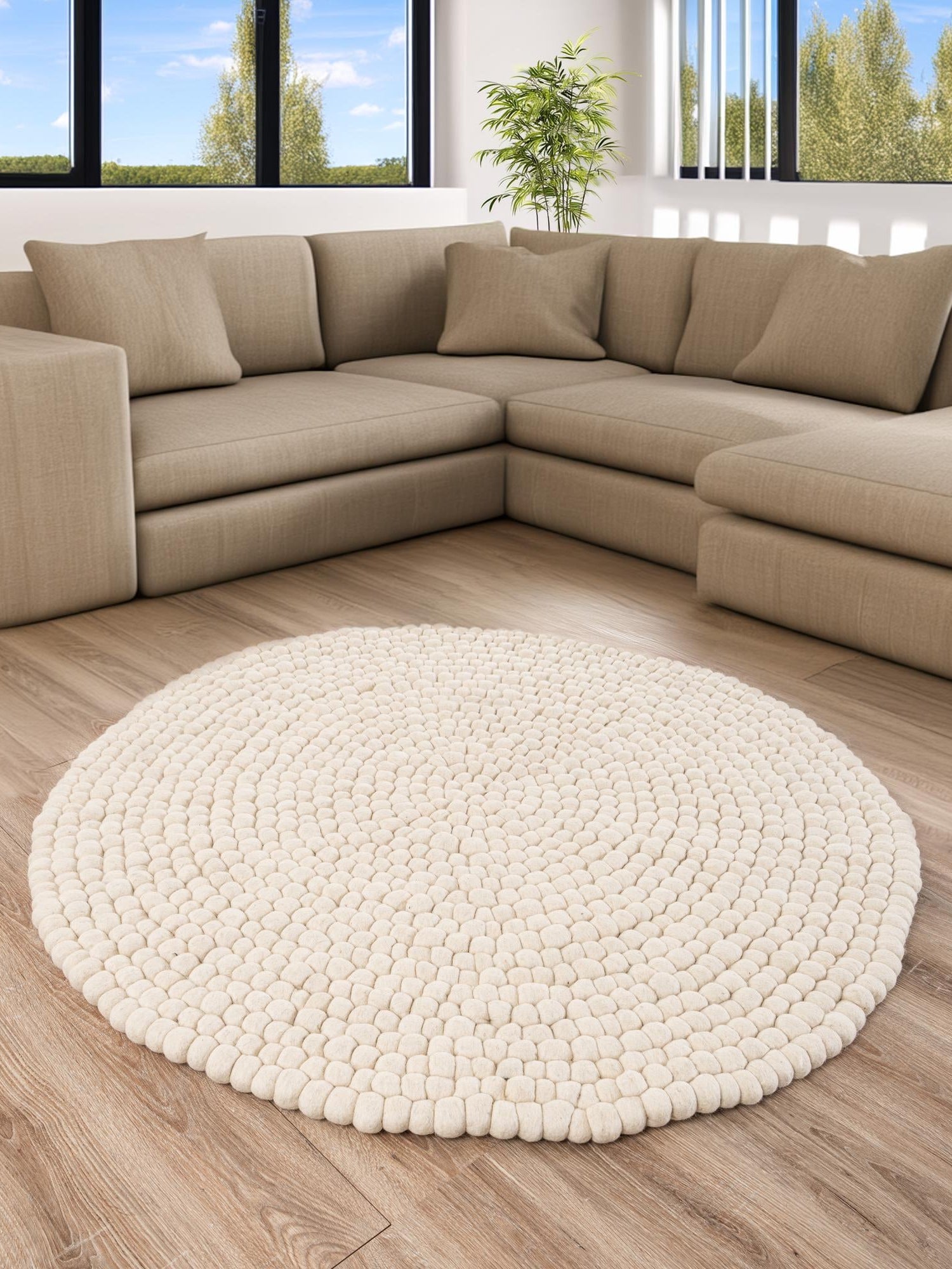 Ivory 7' 10 x 7' 10 Felt Ball Round Area Rug Stunning All Natural 100% Wool Luxury Hand Woven Carpet for Modern Home Interiors Soft Touch Marshmallow Rug for Sale at Rug Engine