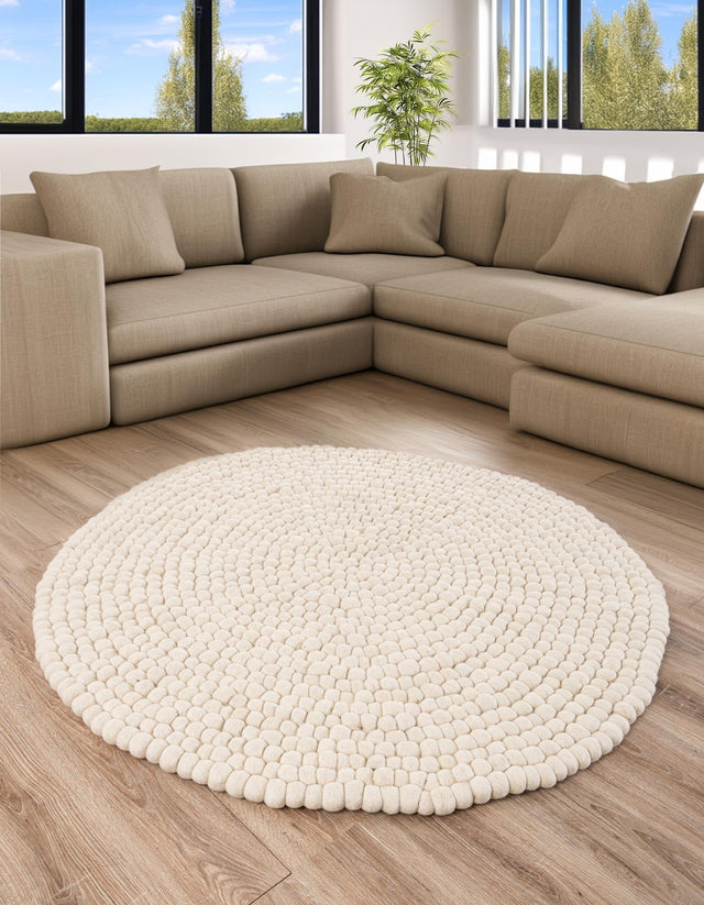 Ivory 6' 1 x 6' 1 Felt Ball Round Area Rug Stunning All Natural 100% Wool Luxury Hand Woven Carpet for Modern Home Interiors Soft Touch Marshmallow Rug for Sale at Rug Engine