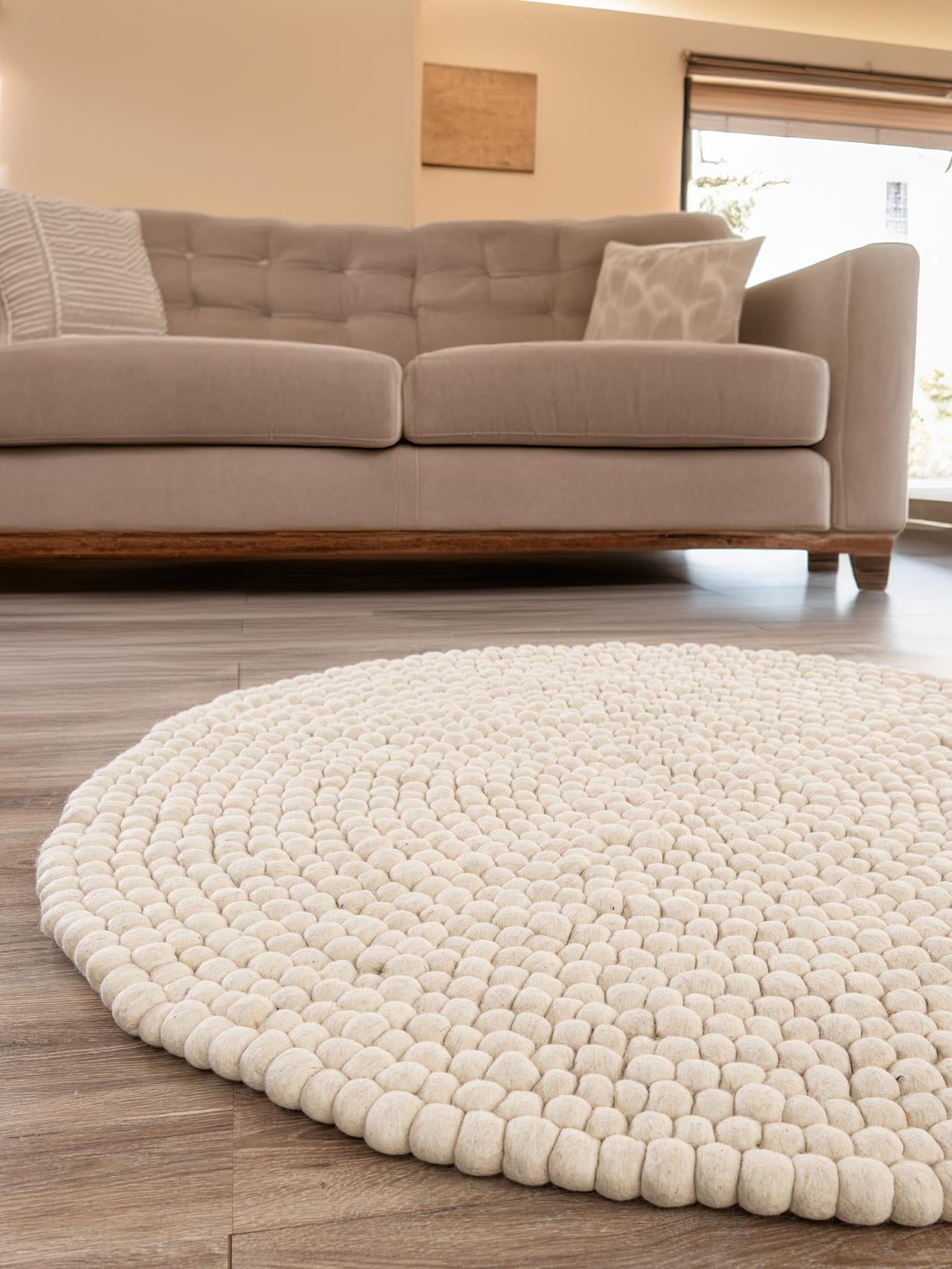 Ivory 7' 10 x 7' 10 Felt Ball Round Area Rug Stunning All Natural 100% Wool Luxury Hand Woven Carpet for Modern Home Interiors Soft Touch Marshmallow Rug for Sale at Rug Engine