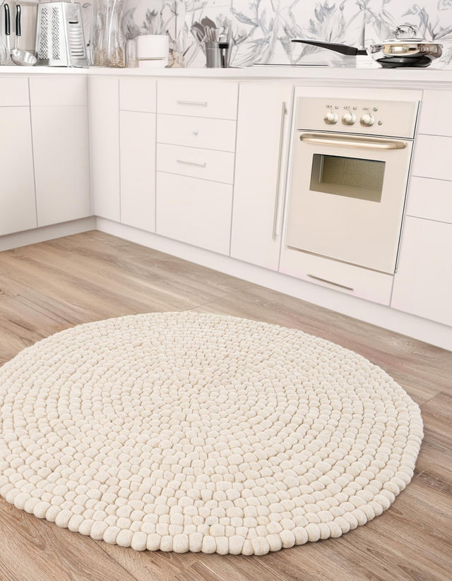 Ivory 6' 1 x 6' 1 Felt Ball Round Area Rug Stunning All Natural 100% Wool Luxury Hand Woven Carpet for Modern Home Interiors Soft Touch Marshmallow Rug for Sale at Rug Engine