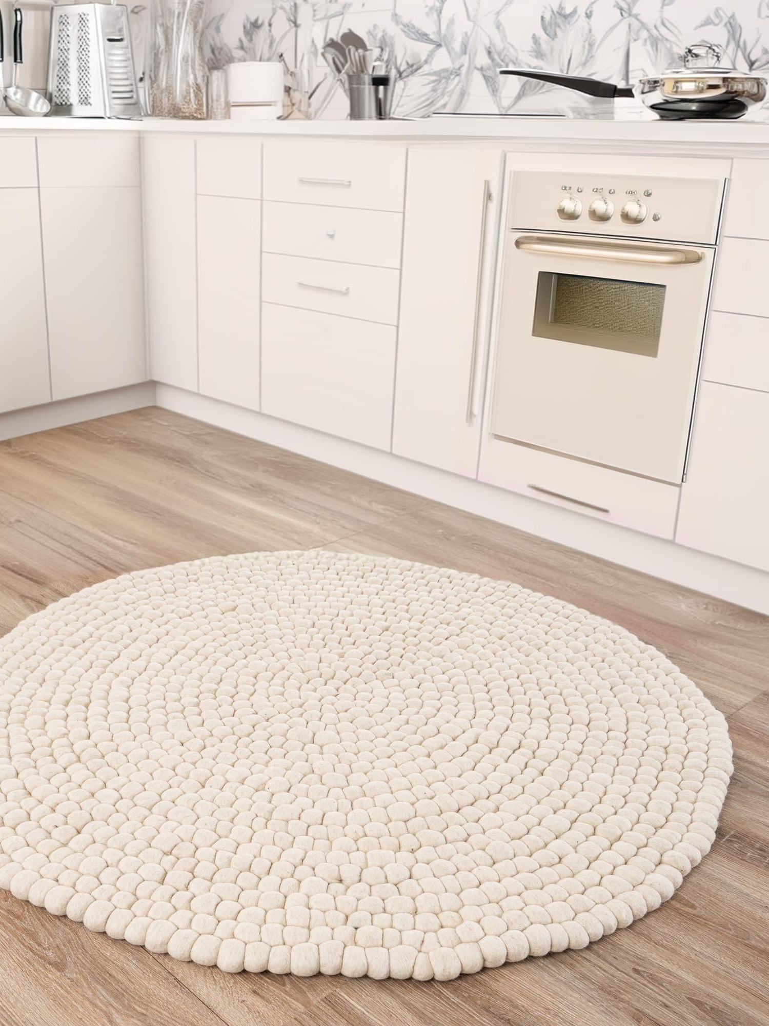 Ivory 7' 10 x 7' 10 Felt Ball Round Area Rug Stunning All Natural 100% Wool Luxury Hand Woven Carpet for Modern Home Interiors Soft Touch Marshmallow Rug for Sale at Rug Engine