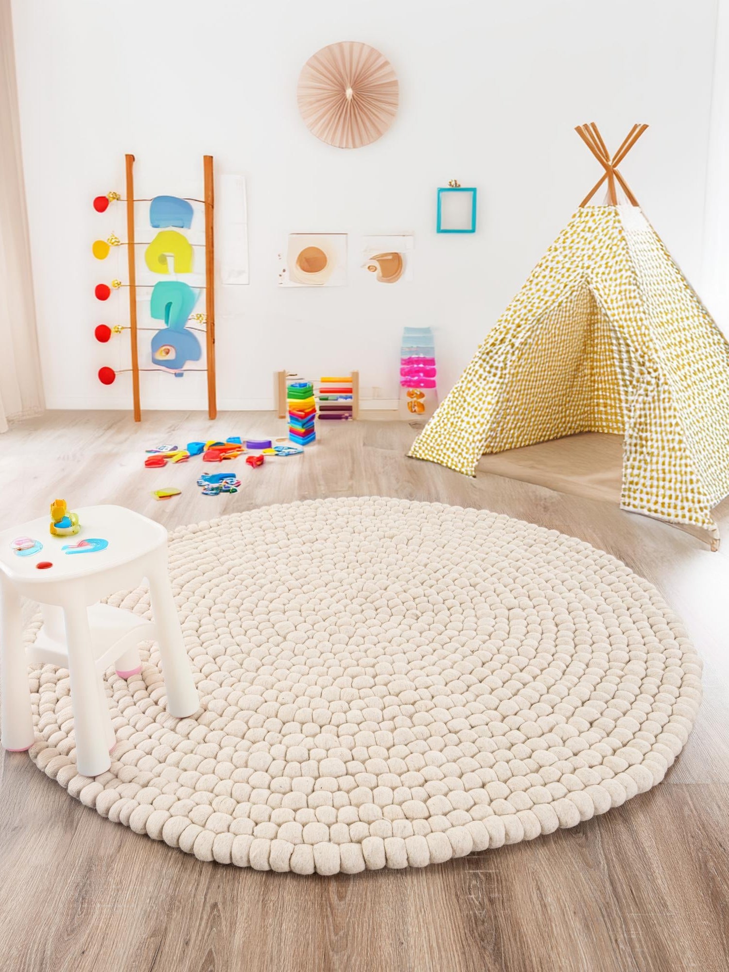 Ivory 5' x 5' Felt Ball Round Area Rug Stunning All Natural 100% Wool Luxury Hand Woven Carpet for Modern Home Interiors Soft Touch Marshmallow Rug for Sale at Rug Engine