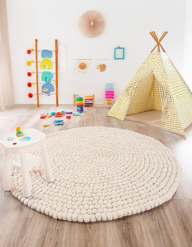 Ivory 6' 1 x 6' 1 Felt Ball Round Area Rug Stunning All Natural 100% Wool Luxury Hand Woven Carpet for Modern Home Interiors Soft Touch Marshmallow Rug for Sale at Rug Engine