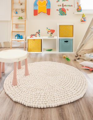 Ivory 7' 10 x 7' 10 Felt Ball Round Area Rug Stunning All Natural 100% Wool Luxury Hand Woven Carpet for Modern Home Interiors Soft Touch Marshmallow Rug for Sale at Rug Engine