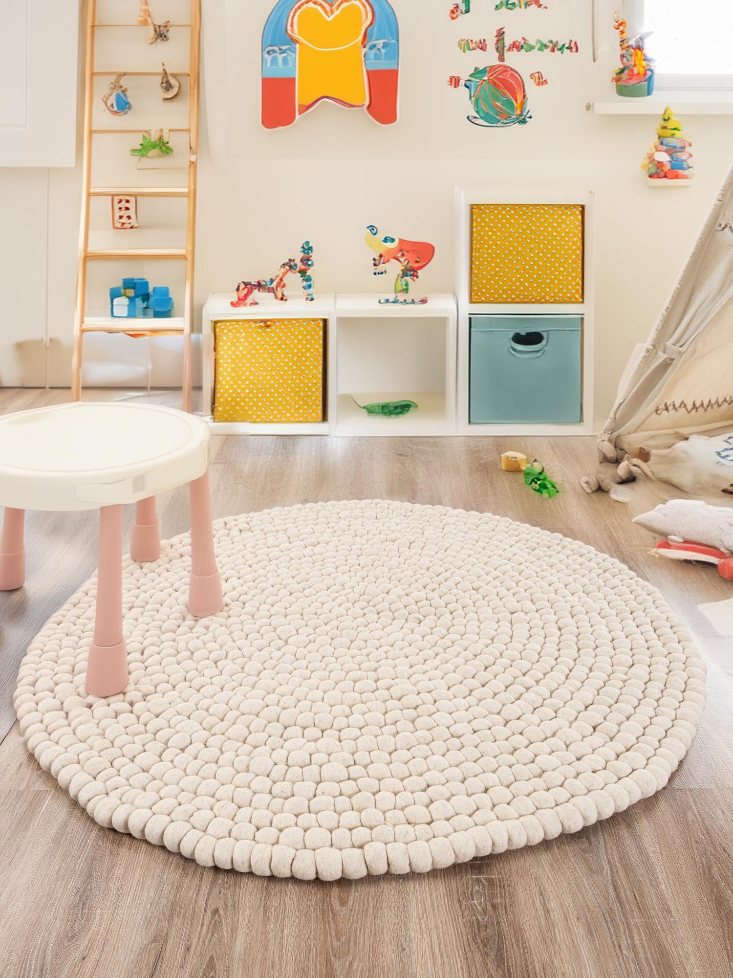 Ivory 10' x 10' Felt Ball Round Area Rug Stunning All Natural 100% Wool Luxury Hand Woven Carpet for Modern Home Interiors Soft Touch Marshmallow Rug for Sale at Rug Engine