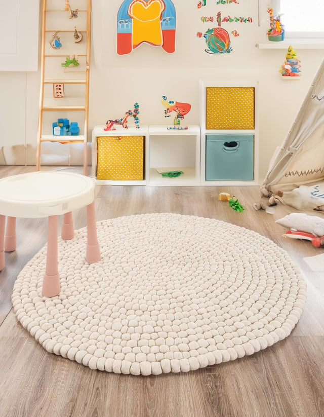Ivory 10' x 10' Felt Ball Round Area Rug Stunning All Natural 100% Wool Luxury Hand Woven Carpet for Modern Home Interiors Soft Touch Marshmallow Rug for Sale at Rug Engine