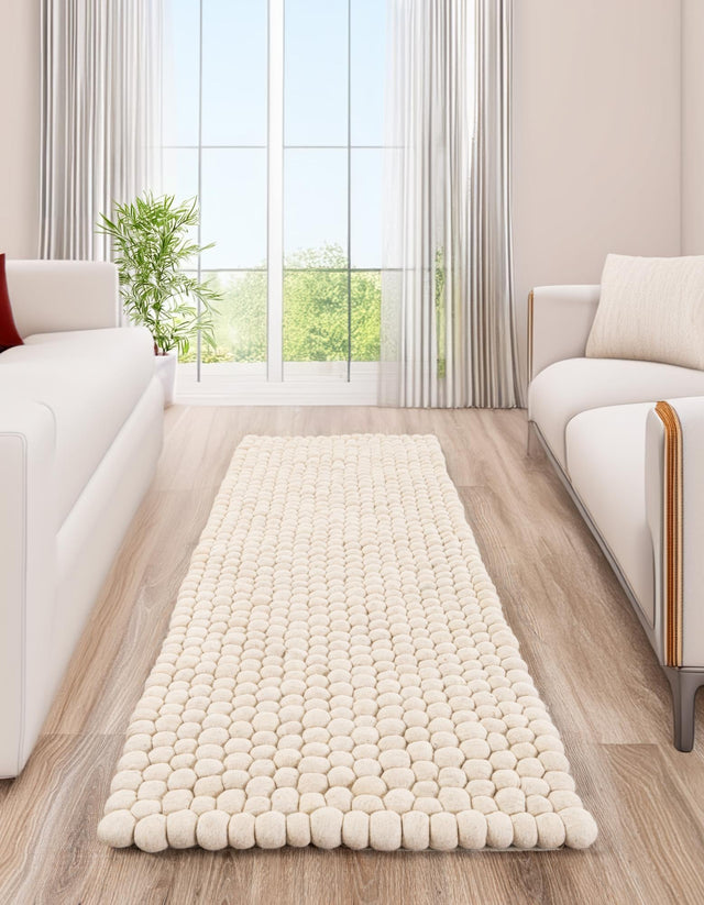 Ivory 2' 2 x 6' 1 Felt Ball Runner Area Rug Stunning All Natural 100% Wool Luxury Hand Woven Carpet for Modern Home Interiors Soft Touch Marshmallow Rug for Sale at Rug Engine