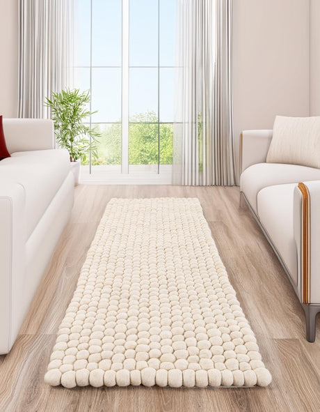 Ivory 2' x 4' 1 Felt Ball Runner Area Rug Stunning All Natural 100% Wool Luxury Hand Woven Carpet for Modern Home Interiors Soft Touch Marshmallow Rug for Sale at Rug Engine