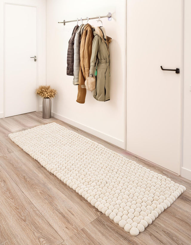 Ivory 2' x 8' Felt Ball Runner Area Rug Stunning All Natural 100% Wool Luxury Hand Woven Carpet for Modern Home Interiors Soft Touch Marshmallow Rug for Sale at Rug Engine