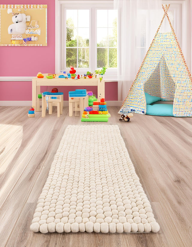 Ivory 2' 2 x 6' 1 Felt Ball Runner Area Rug Stunning All Natural 100% Wool Luxury Hand Woven Carpet for Modern Home Interiors Soft Touch Marshmallow Rug for Sale at Rug Engine